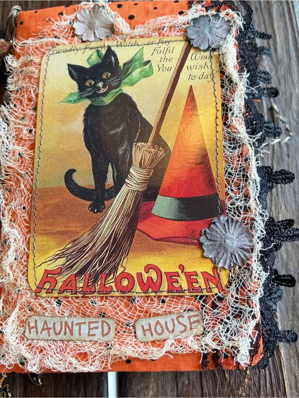 Halloween Junk Journal Small Handmade Decorated Black Cat Broom Witch Hat 3 Sig